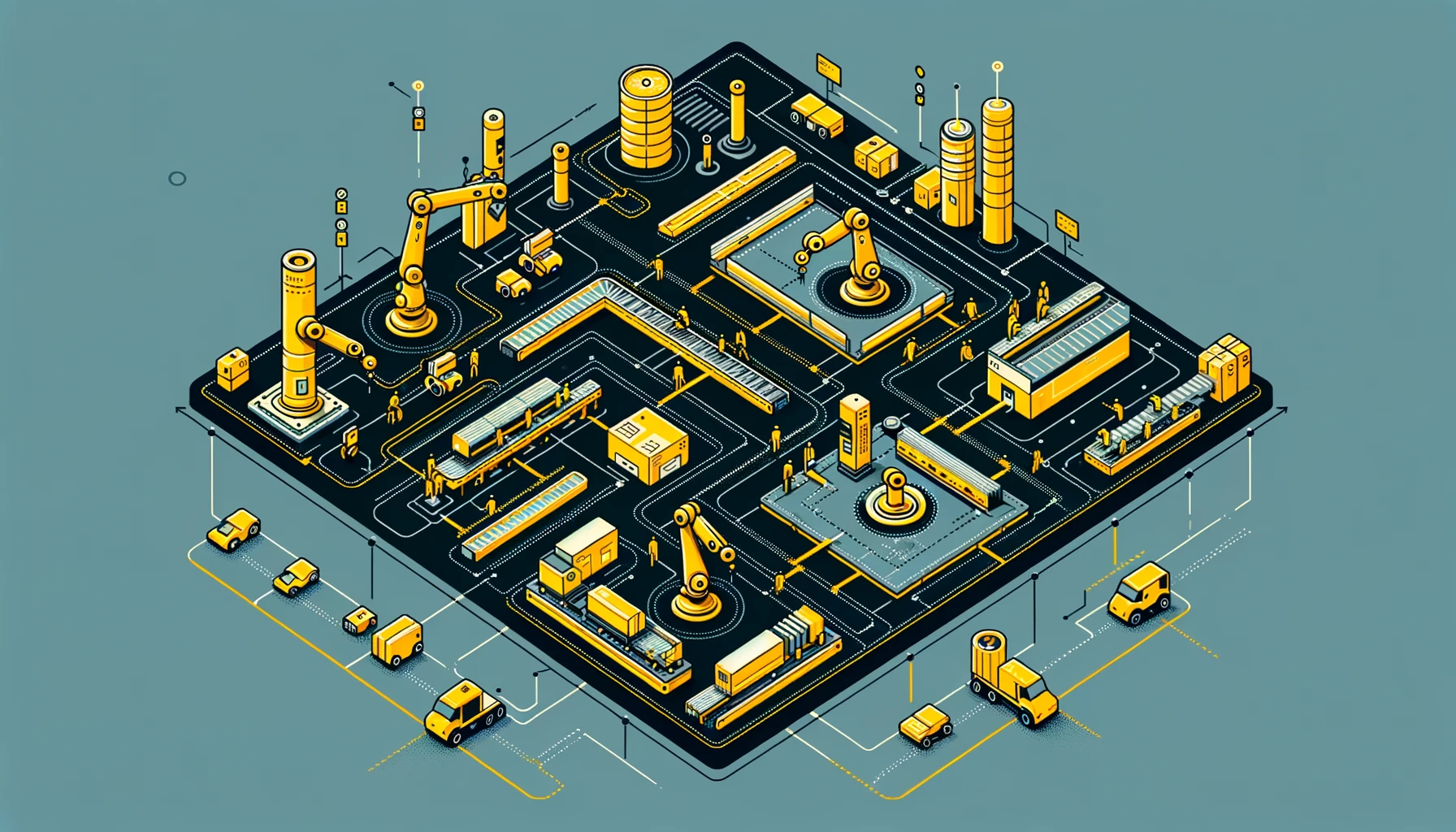 DALL·E 2023-11-05 00.46.10 - Create a flat, modern-style illustration of a factory floor plan on a #001132 background color for a website section. Within the layout, include simpl