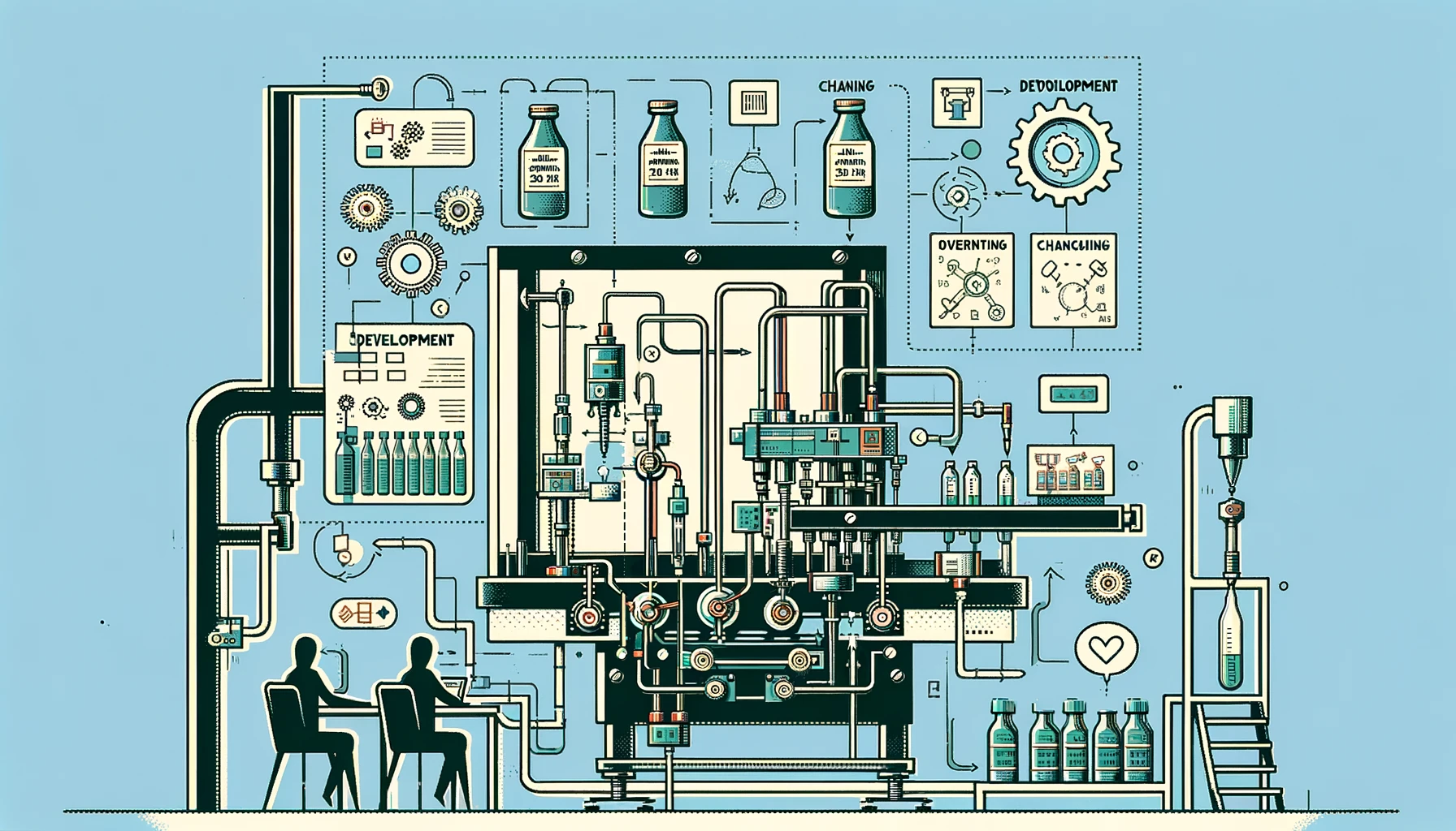 DALL·E 2023-11-05 00.51.16 - Create an illustration in the flat, modern style of the second image, depicting a development plan for an automation cell for filling small 30 and 50m